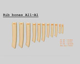 Set of FAUX Rib bone Big Bulk wooden replicas labeled A1 to A11 for realistic plant-based meat presentation