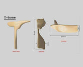 Dimensions of the Faux T-bone vegan bone shown from front, side, and top views