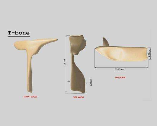 Dimensions of the Faux T-bone vegan bone shown from front, side, and top views