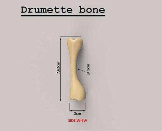 The Faux Chicken Drummette Bone side view with dimensions for vegan meat presentation